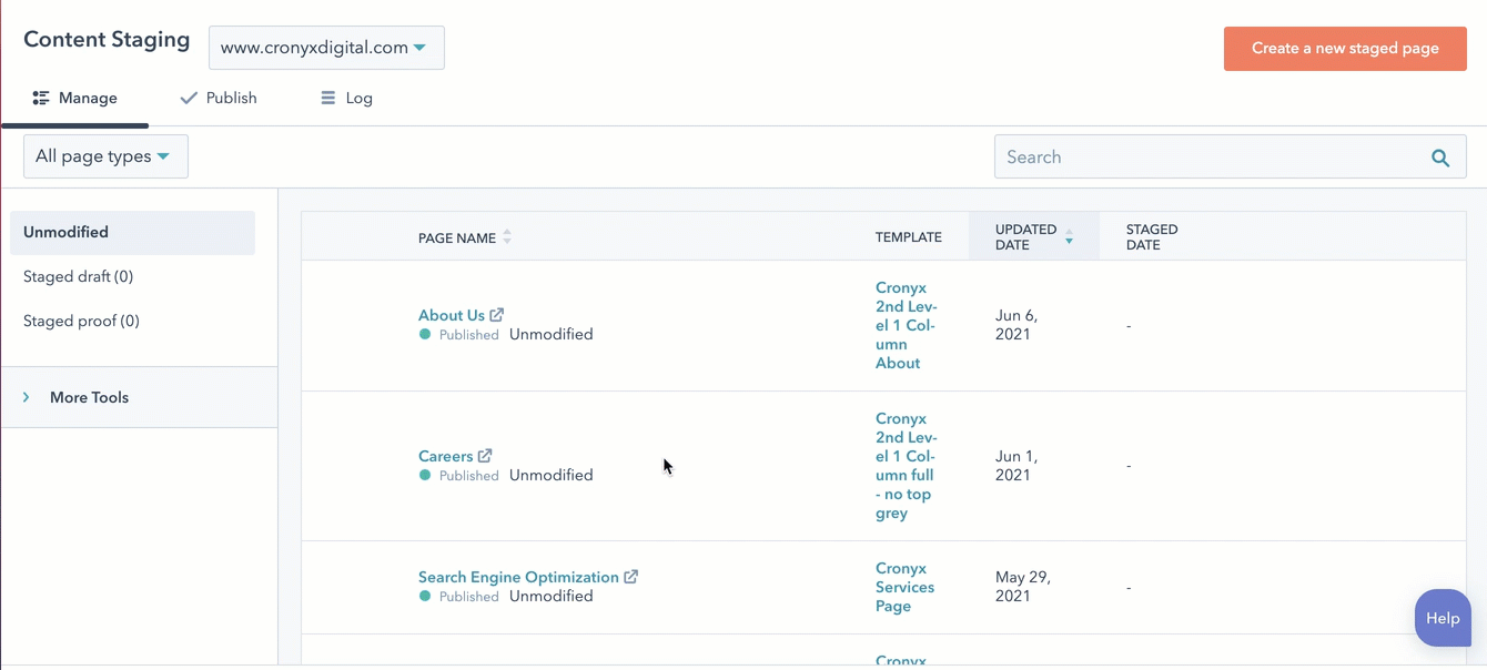 Staging a page in HubSpot