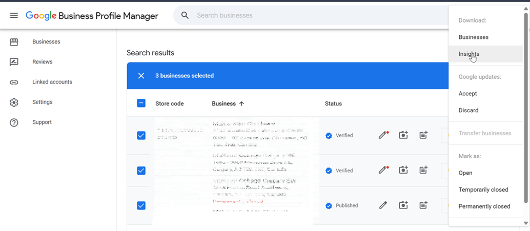 Google Business Profile Manager how to download Insights report