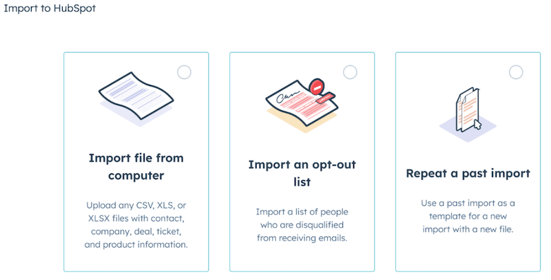 Import to HubSpot options