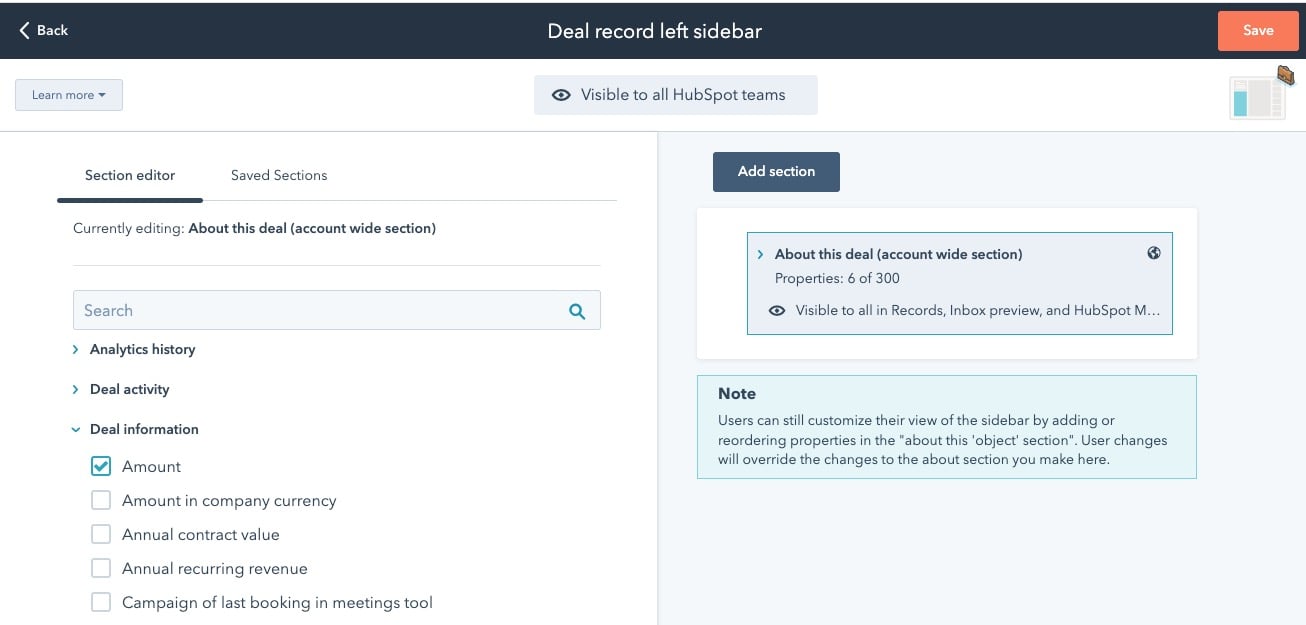 Change HubSpot Deal Record Left Sidebar