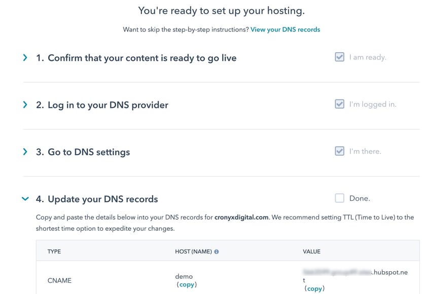 HubSpot DNS Settings