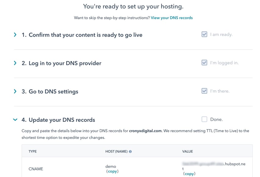HubSpot DNS Settings