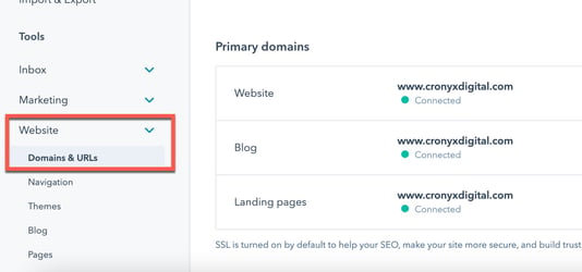 HubSpot Website Domain Settings