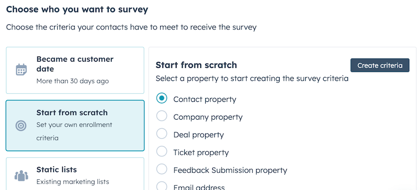 HubSpot Survey Targeted Audience Page