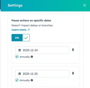 Annual workflow pause dates in HubSpot