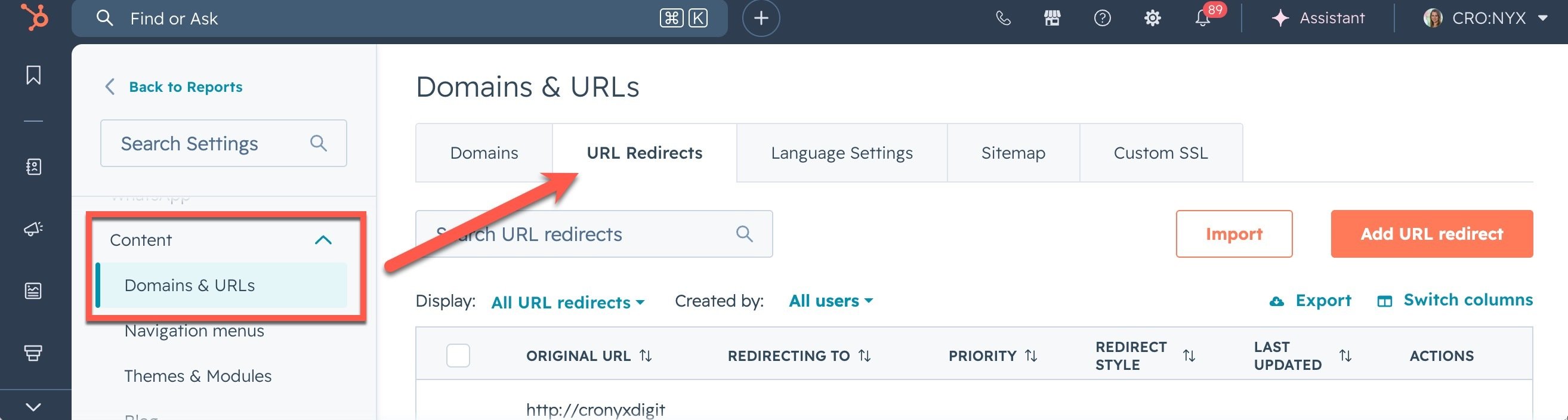 Adding redirects in HubSpot