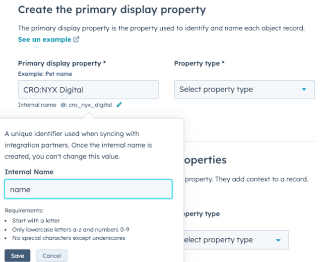 Options when creating a custom object in HubSpot