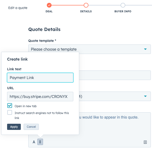 Adding stripe payment link into HubSpot Quote