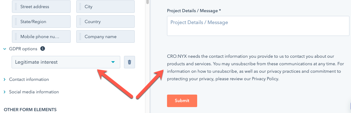 Data collection disclaimer on HubSpot forms. 