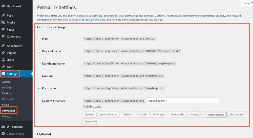 Wordpress permalink settings