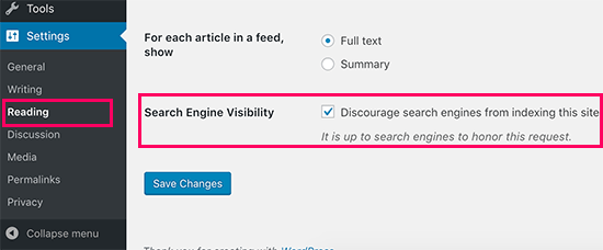 Discourage search engines from indexing a WordPress site