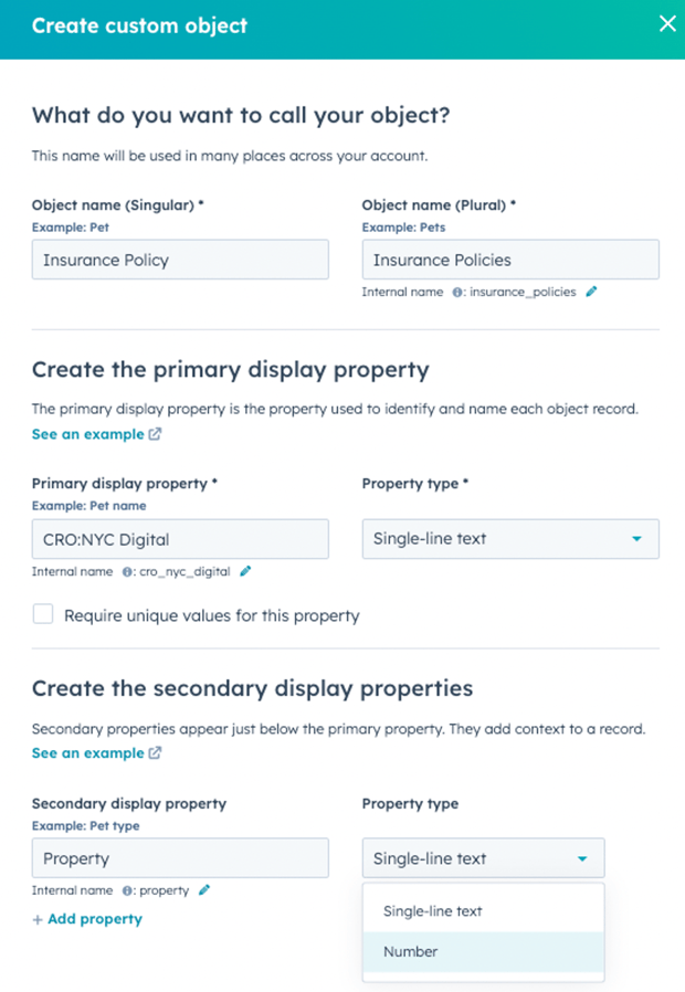 Creating a custom object in HubSpot example