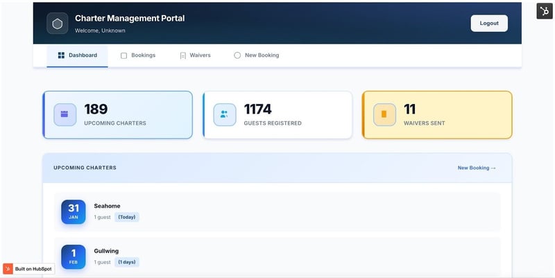 HubSpot CMS custom broker portal dashboard showing upcoming charters, guest registrations, and waiver tracking