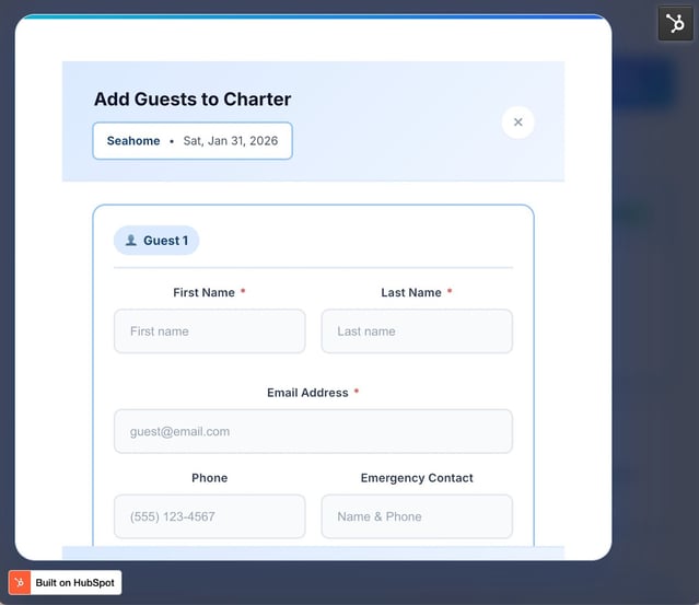 HubSpot CMS custom broker portal form for adding guest contact information to a charter booking