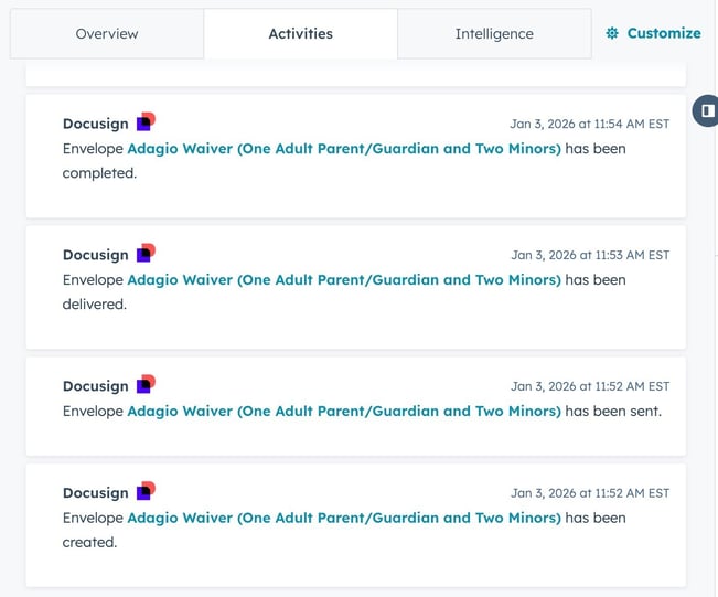 HubSpot CRM contact timeline showing automated DocuSign waiver envelope delivery and completion activity