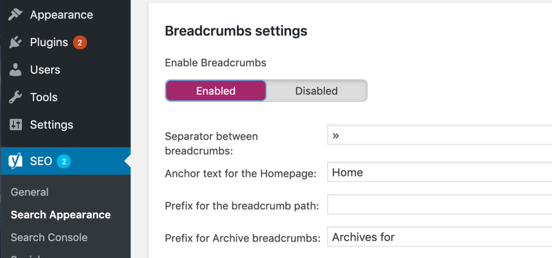 Enable breadcrumbs in Yoast